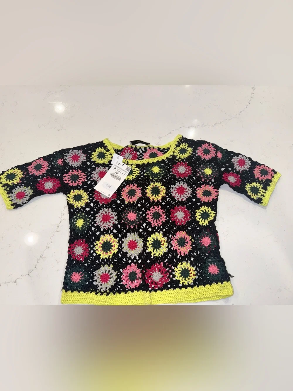 Zara Crochet Floral Panel Top — Black with Pink, Yellow & Gray